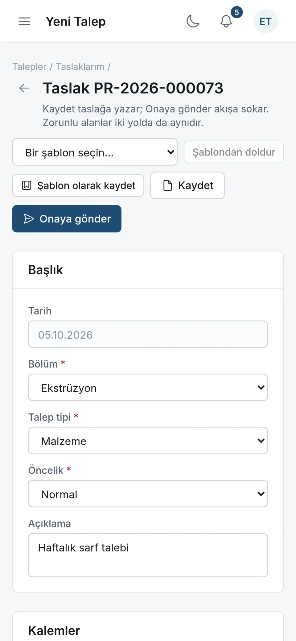 Telefonda talep formu