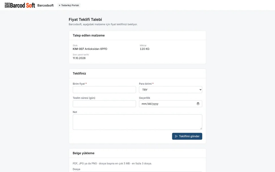 Tedarikçinin giriş yapmadan fiyat teklifi verdiği portal formu