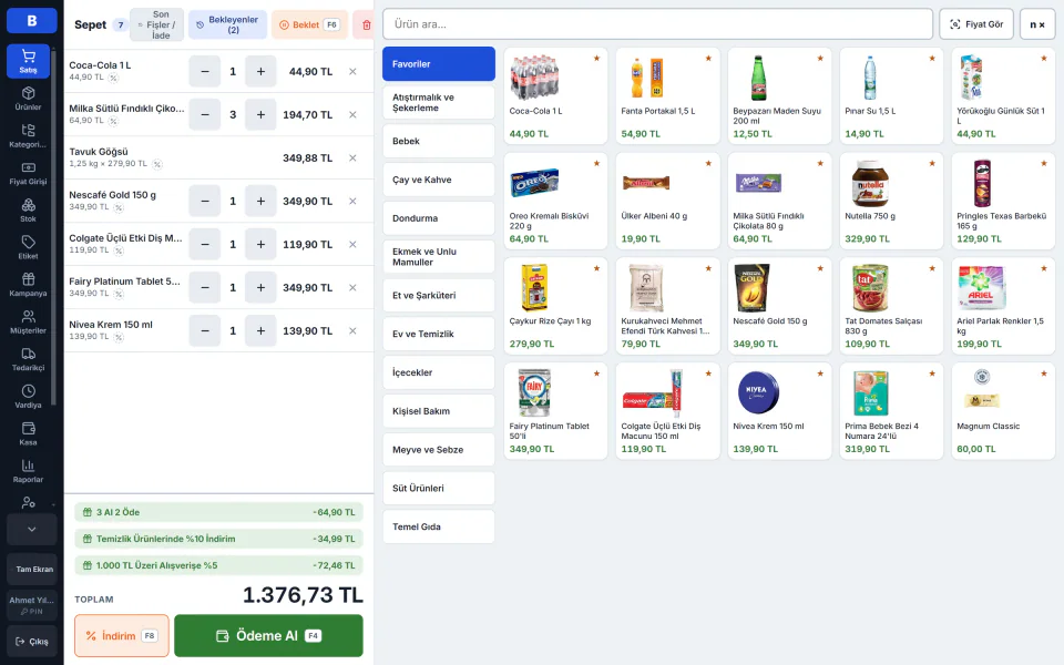 BarkodPOS market satış ekranı: sepet, tartılı ürün, kampanya satırları, toplam ve ödeme al tuşu, resimli ürün kataloğu