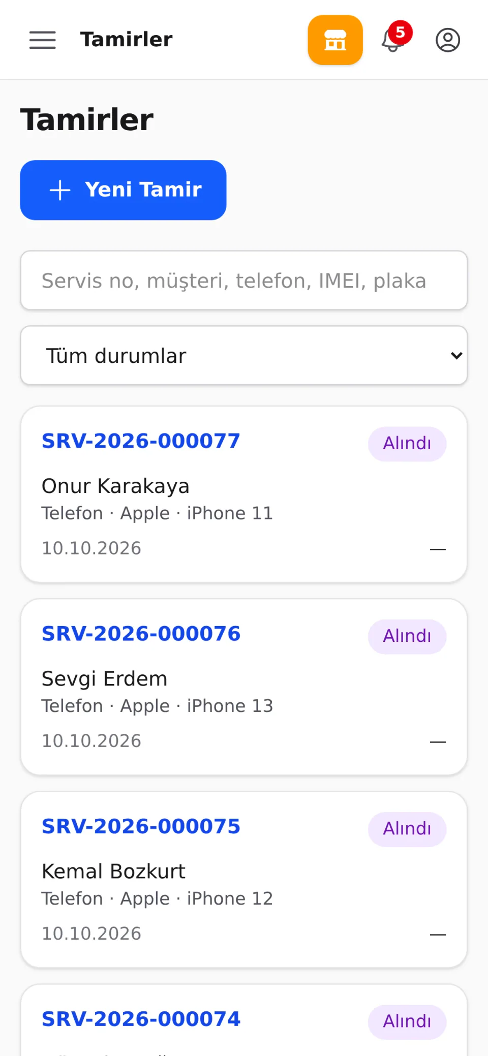 Telefonda tamirler listesi