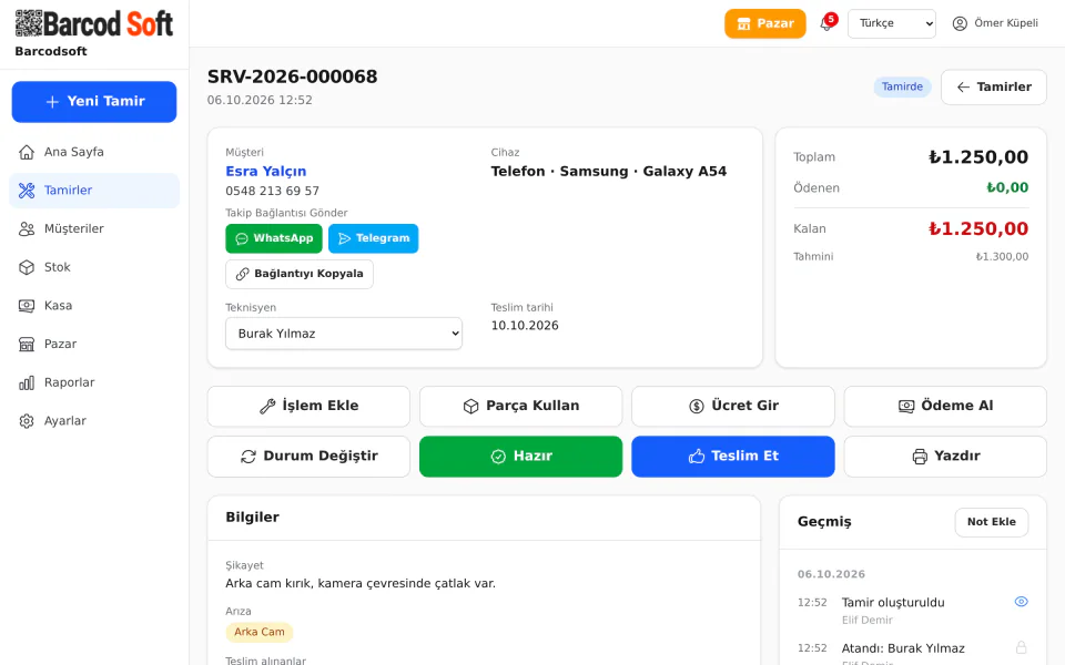 Tamir detayı: WhatsApp ve Telegram ile paylaşım, teknisyen, işlem butonları, tutarlar ve geçmiş