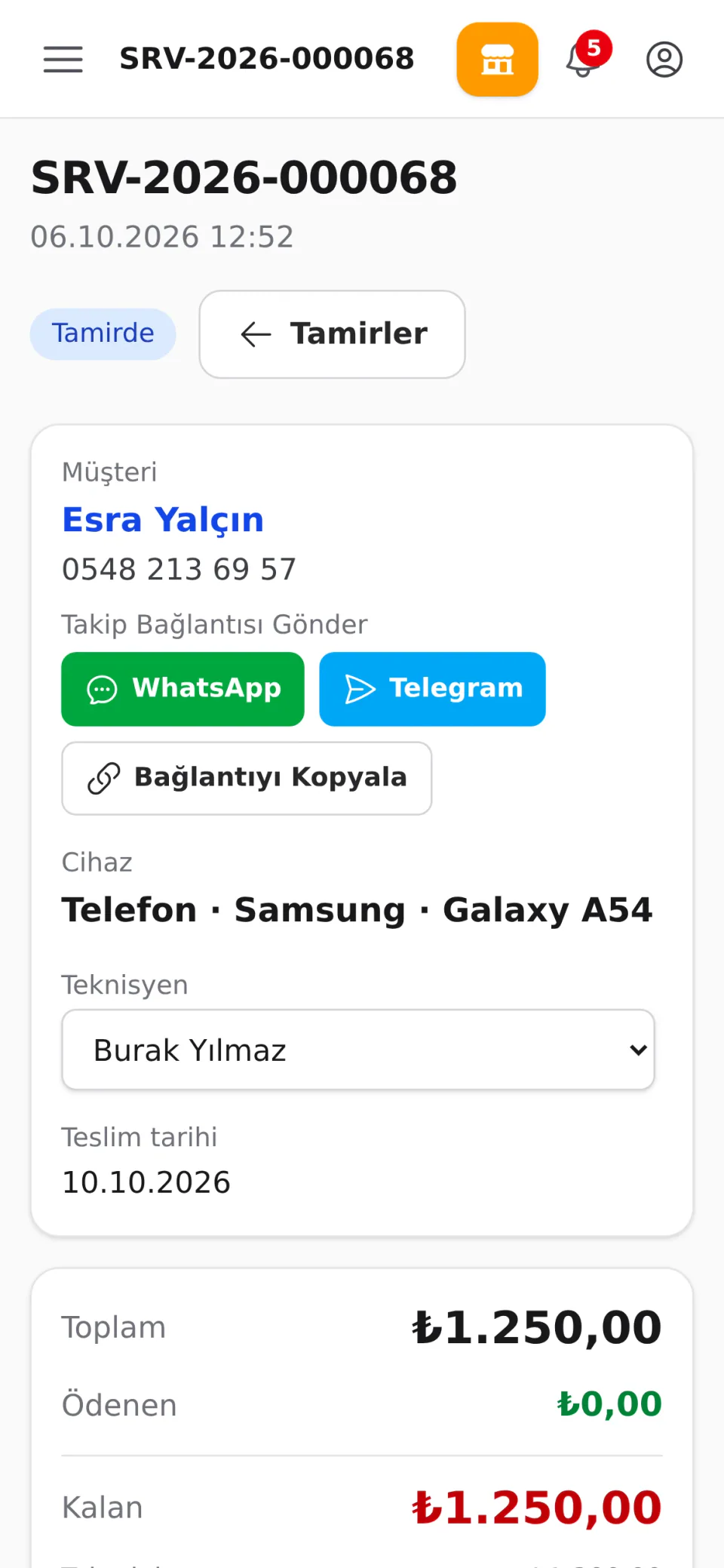 Telefonda tamir detayı