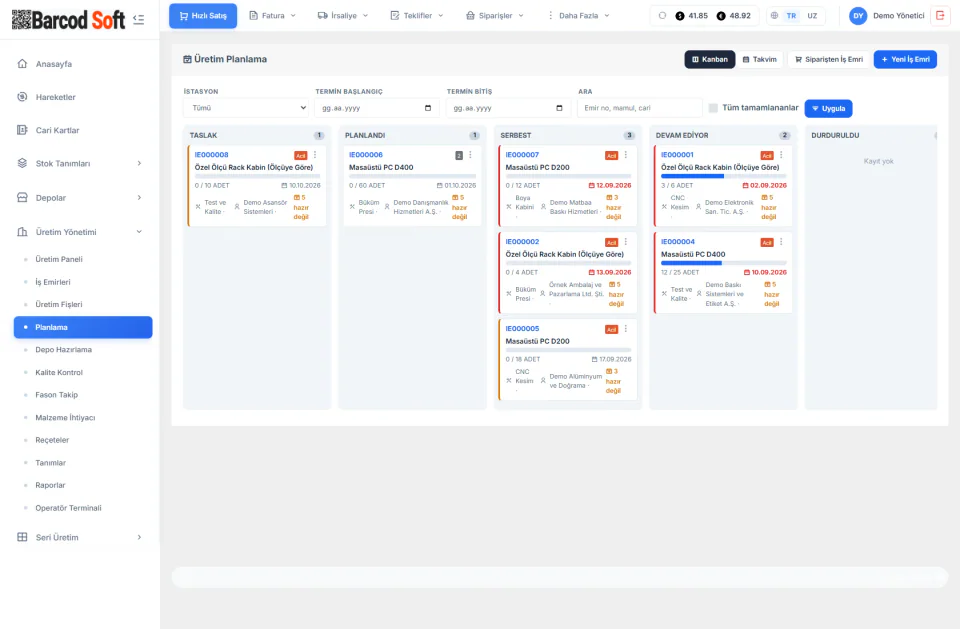 Üretim planlama Kanban görünümü