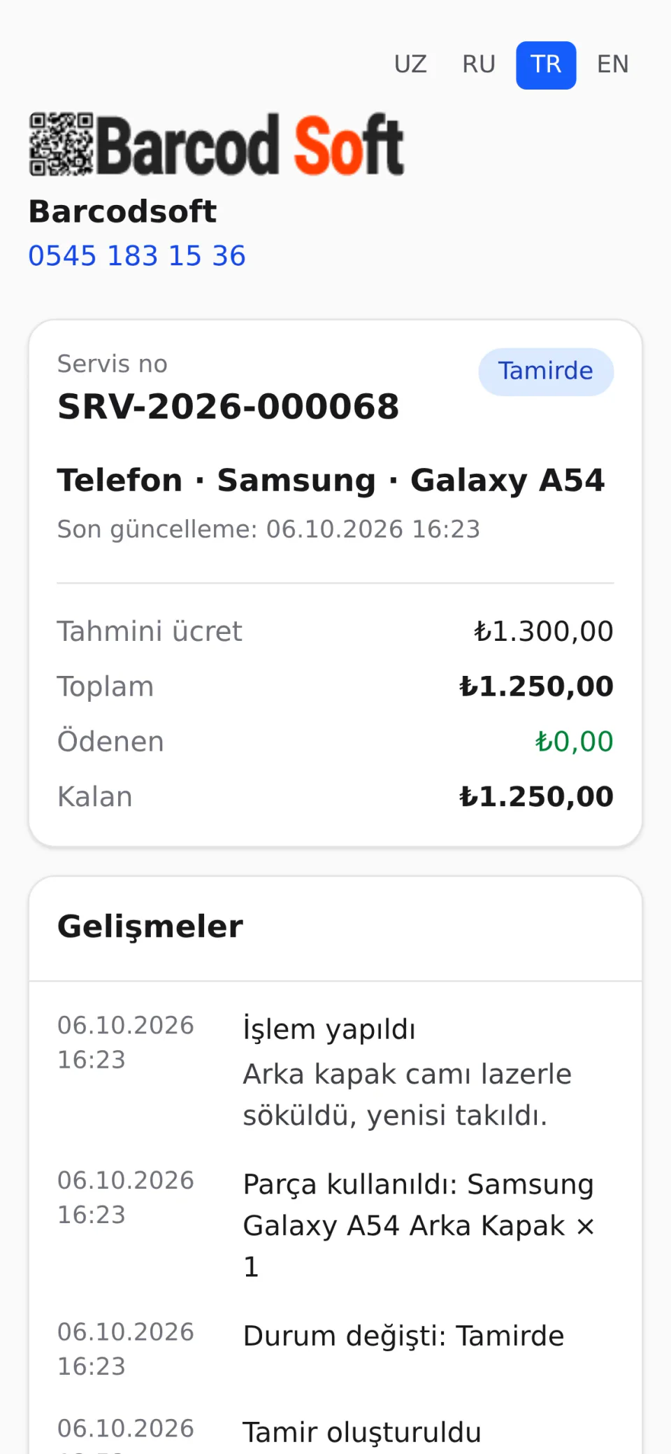 Müşterinin telefonundan açtığı tamir takip sayfası: durum, tutarlar ve işlem geçmişi